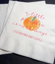 Load image into Gallery viewer, A Little Pumpkin Is On It's Way Girl Fall Baby Shower Pink Personalized Cocktail, Luncheon or Dinner Napkins Set of 25