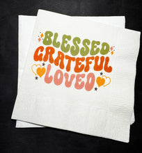 Load image into Gallery viewer, Thanksgiving Happy Thanksgiving 2024 Blessed Grateful Loved Funny Thanksgiving Tableware Cocktail, Luncheon or Dinner Napkins Set of 25