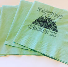 Load image into Gallery viewer, Adventure Begins Greatest Adventure Baby Shower Mountain Mint Personalized Cocktail, Luncheon or Dinner Napkins Set of 25