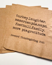Load image into Gallery viewer, Thanksgiving Turkey Football Pie Personalized Kraft Cocktail or Dinner Napkins, Set of 25
