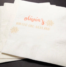 Load image into Gallery viewer, Winter Onederland First Birthday Oh What Fun to be One Christmas 1st Birthday Personalized Cocktail, Luncheon or Dinner Napkins Set of 25