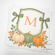 Load image into Gallery viewer, Thanksgiving Napkins Pumpkin Green Bow Monogram Green Pumpkin Baby Shower Thanksgiving Table Decor Personalized Cocktail Napkins, Set of 25