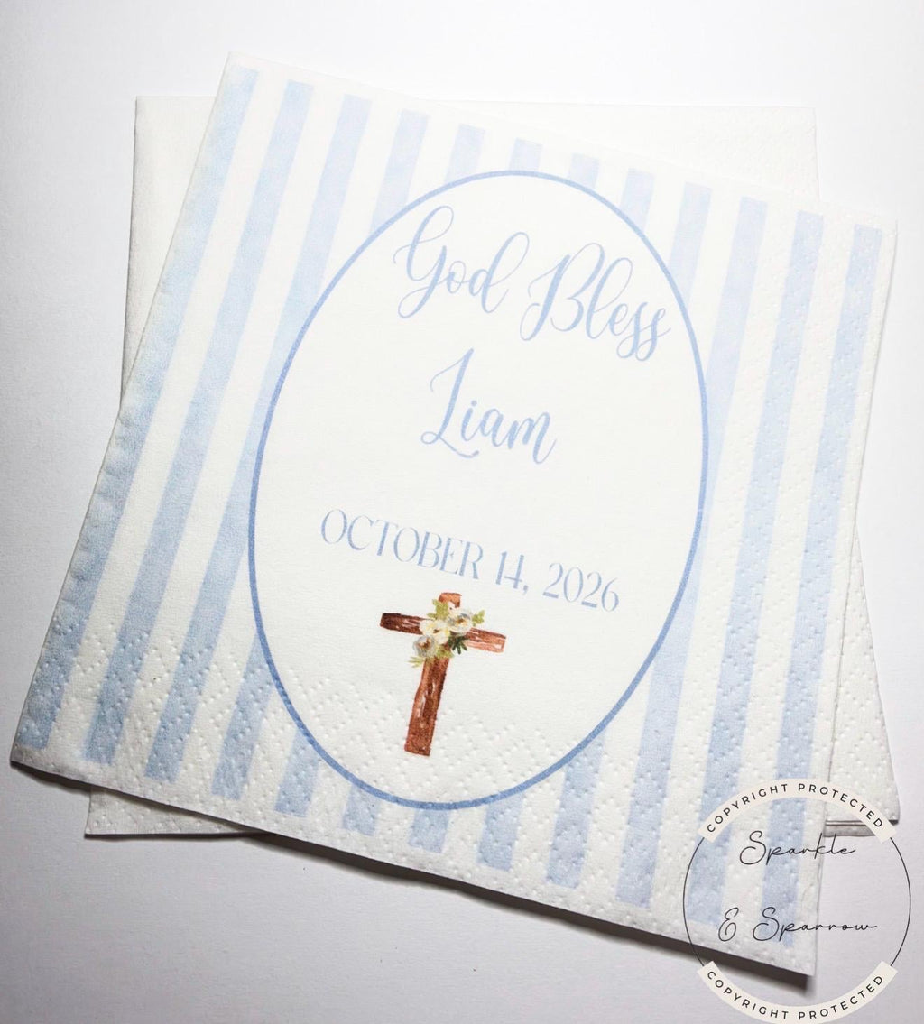 Baptism Napkins Christening Napkins God Bless Dedication Celebration Boy Baptism Personalized Cocktail, Luncheon or Dinner Napkins Set of 25