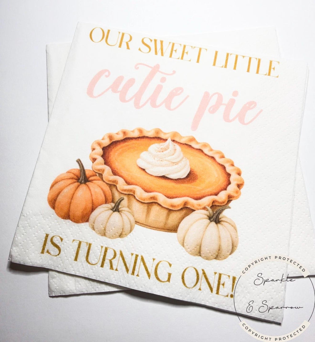 Sweet Little Cutie Pie Birthday Napkins Pumpkin Pie First Birthday Fall 1st Birthday Party Autumn Pumpkin Birthday Party Napkins, Set of 25