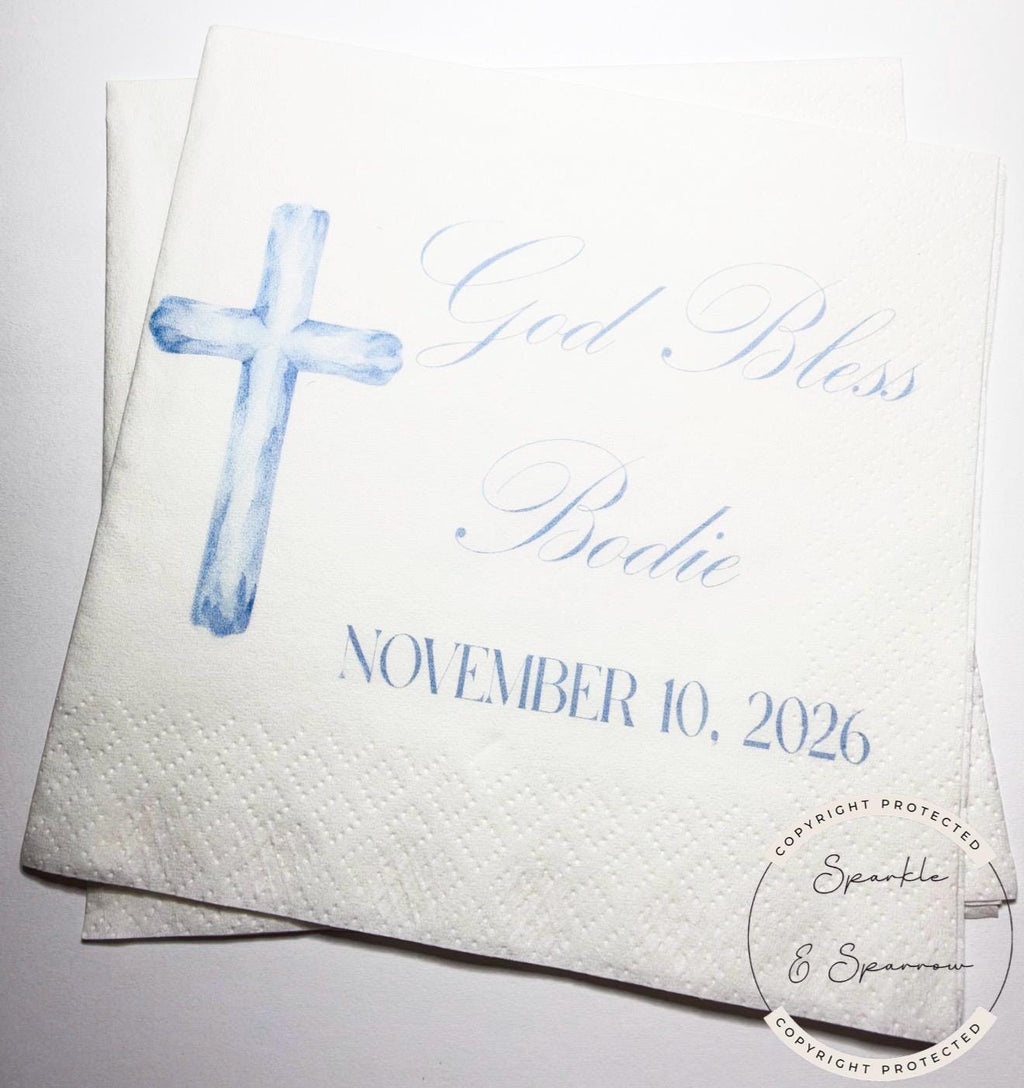 Baptism Napkins Christening Napkins God Bless Dedication Celebration Boy Baptism Personalized Cocktail, Luncheon or Dinner Napkins Set of 25