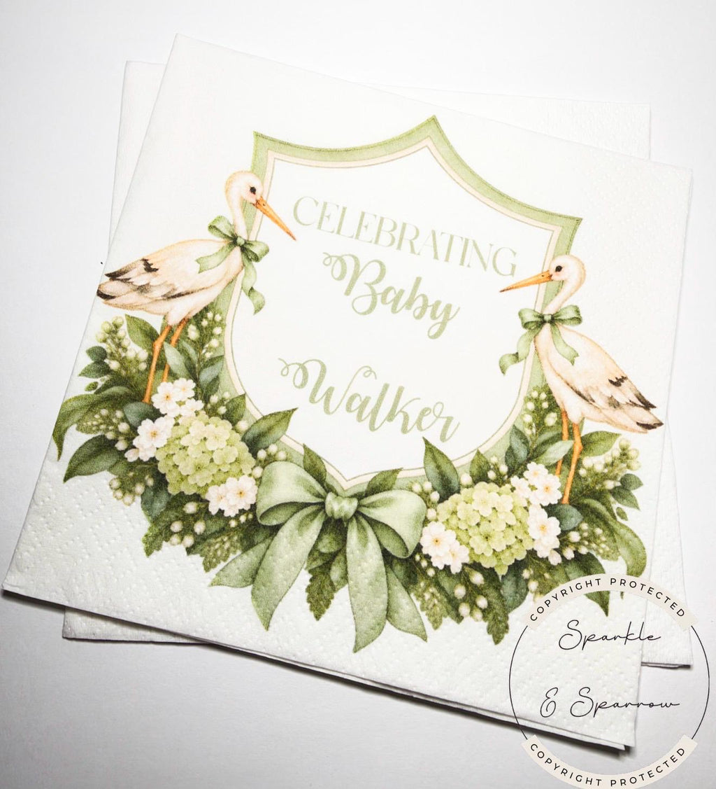 Stork Baby Shower Special Delivery Gender Neutral Green Shower Watercolor Stork Sage Green Shower Personalized Cocktail Napkins, Set of 25