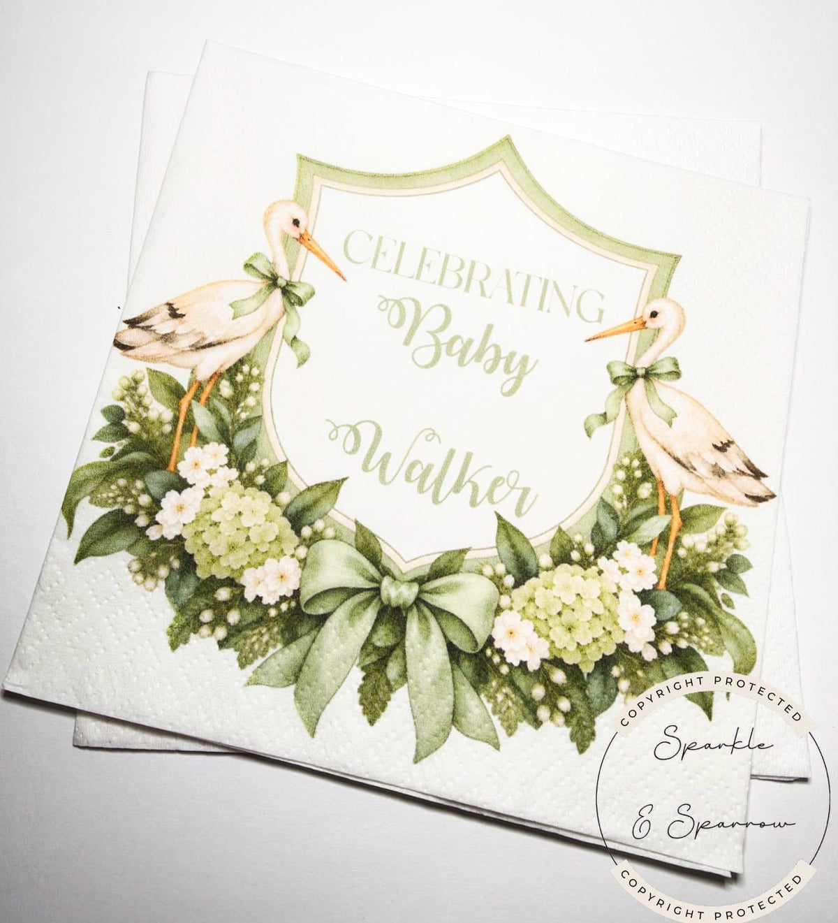 Stork Baby Shower Special Delivery Gender Neutral Green Shower Watercolor Stork Sage Green Shower Personalized Cocktail Napkins, Set of 25