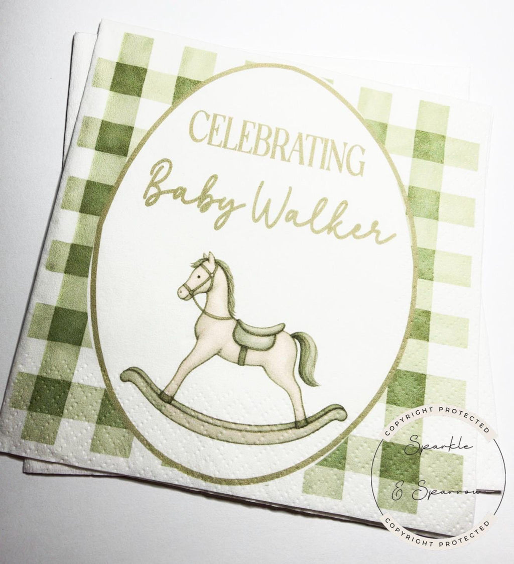 Rocking Horse Baby Shower Neutral Green Baby Shower Vintage Baby Shower Green Personalized Cocktail, Luncheon or Dinner Napkins Set of 25