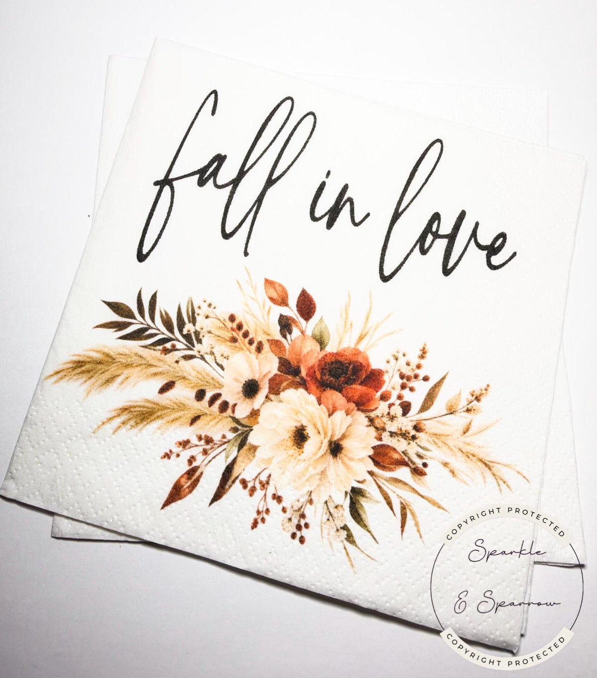 Fall in Love Fall Bridal Shower Fall Wedding Autumn Fall in Love Baby Shower Fall Floral Cocktail, Luncheon or Dinner Napkins Set of 25