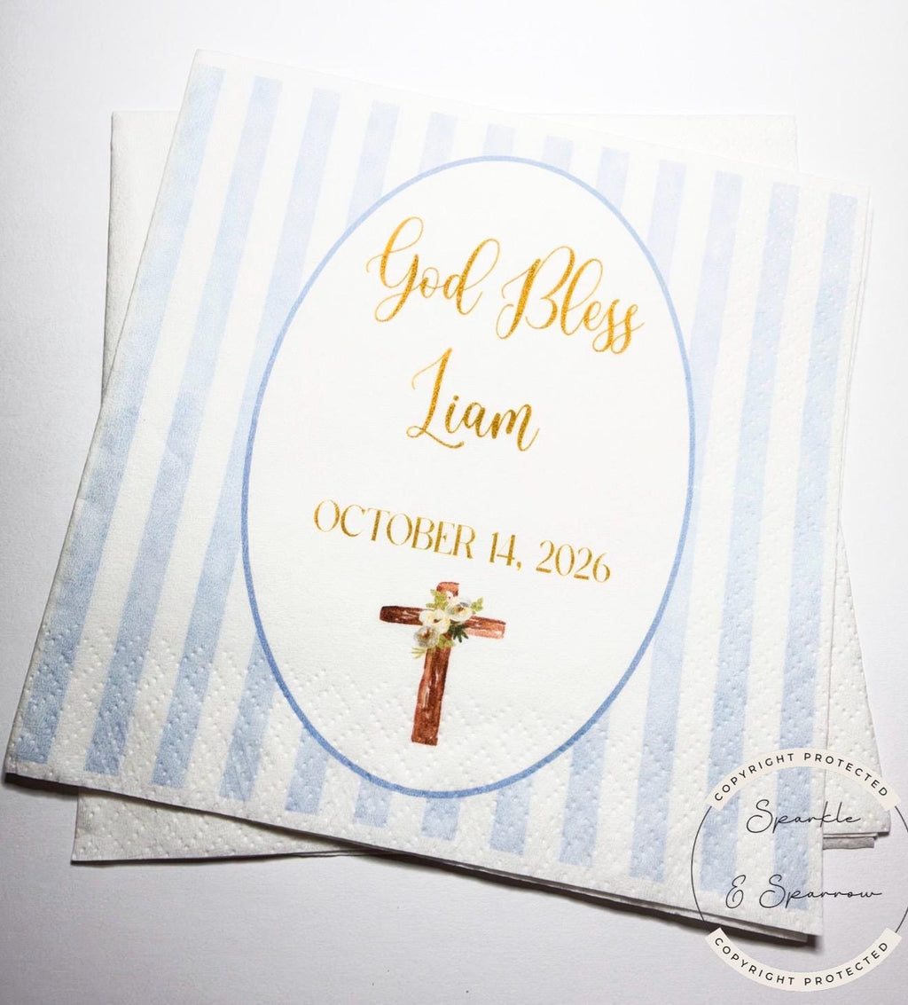 Baptism Napkins Christening Napkins God Bless Dedication Celebration Boy Baptism Personalized Cocktail, Luncheon or Dinner Napkins Set of 25