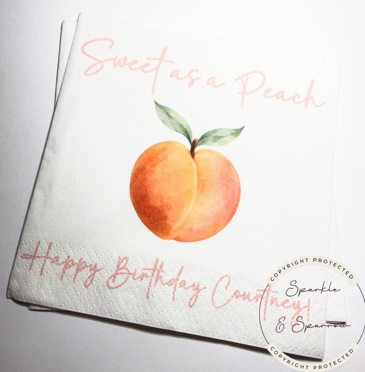 Peach Birthday Napkins Sweet as a Peach First Birthday Spring Summer Shower Personalized Cocktail, Luncheon or Dinner Napkins Set of 25