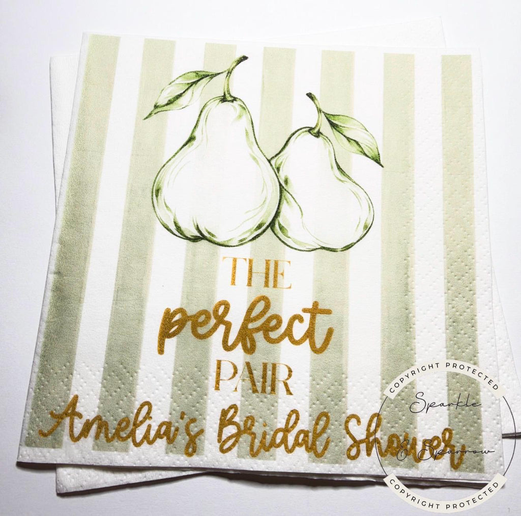 The Perfect Pair Bridal Shower Pear Bridal Shower Perfect Pear Couples Shower Personalized Cocktail, Luncheon or Dinner Napkins Set of 25