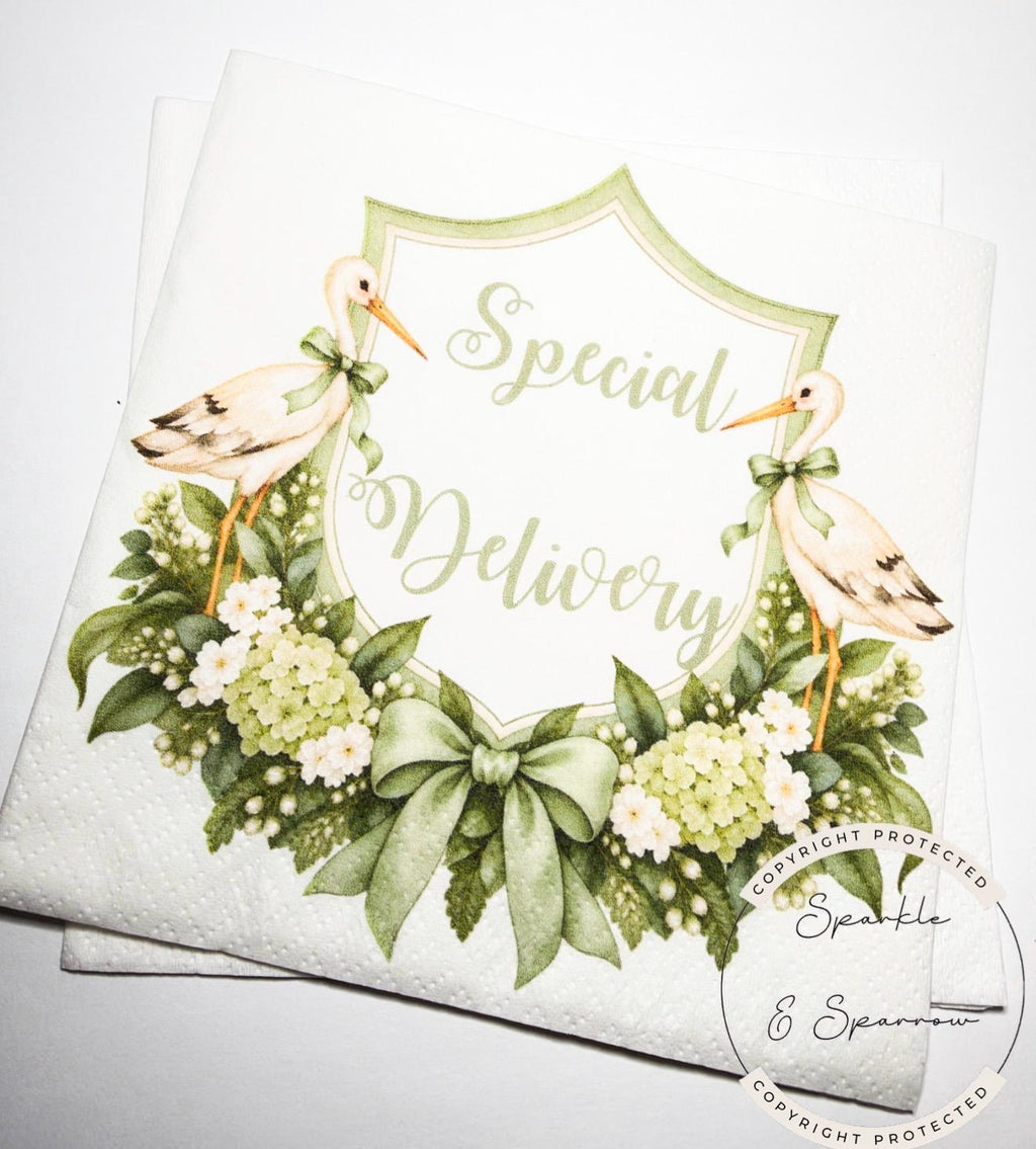 Stork Baby Shower Special Delivery Gender Neutral Green Shower Watercolor Stork Sage Green Shower Cocktail Napkins, Set of 25