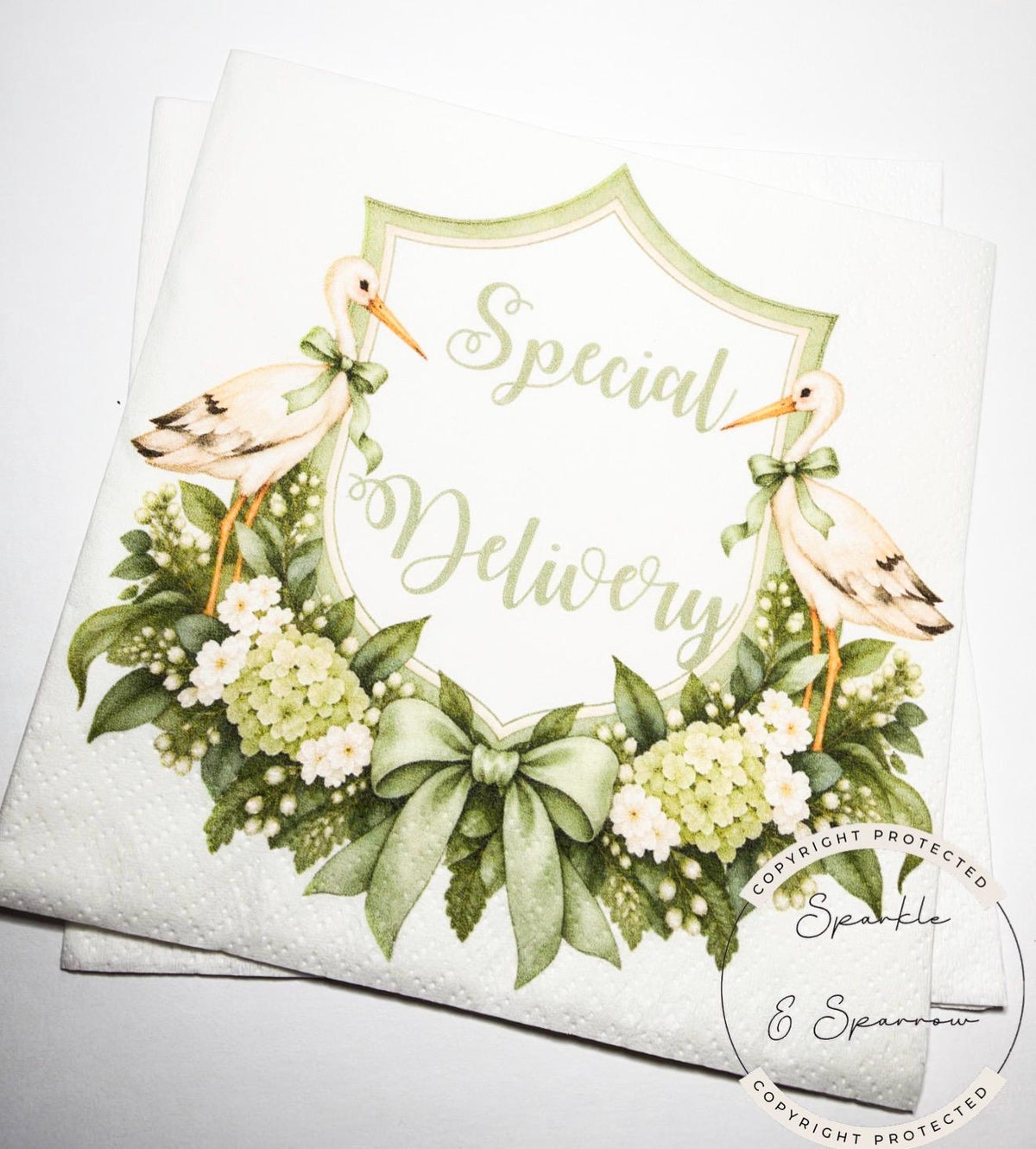 Stork Baby Shower Special Delivery Gender Neutral Green Shower Watercolor Stork Sage Green Shower Cocktail Napkins, Set of 25