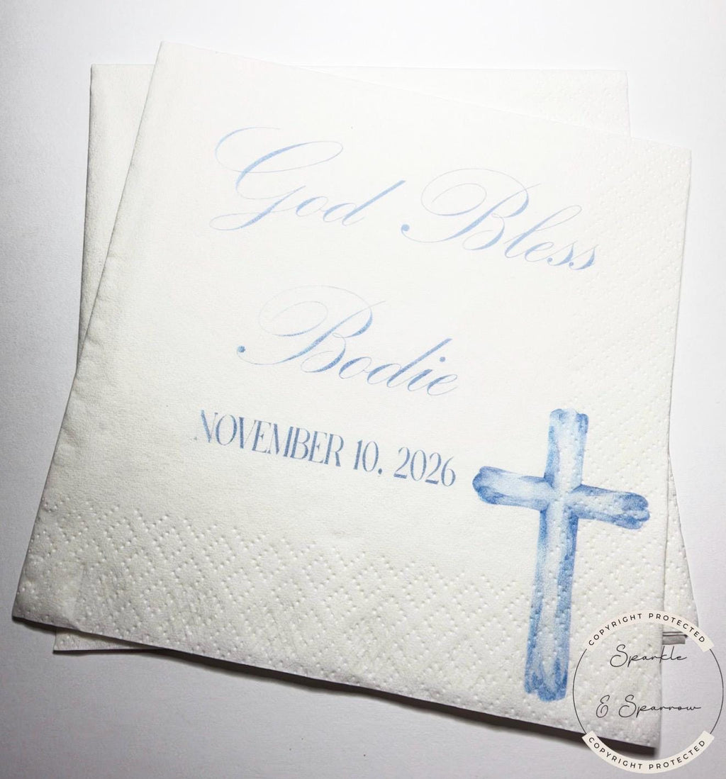 Baptism Napkins Christening Napkins God Bless Dedication Celebration Boy Baptism Personalized Cocktail, Luncheon or Dinner Napkins Set of 25