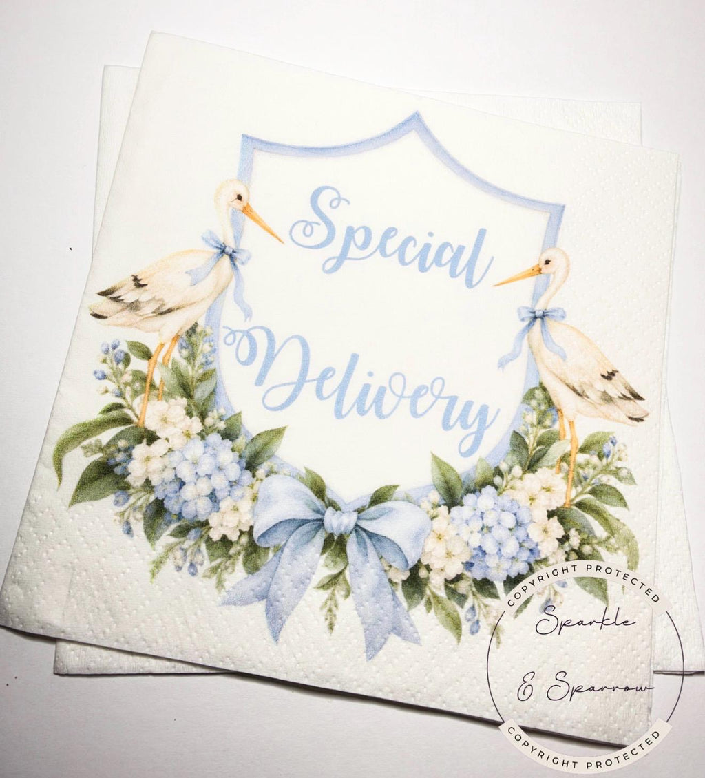 Stork Baby Shower Special Delivery Boy Baby Shower Watercolor Stork Blue Boy Baby Shower Cocktail Napkins, Set of 25