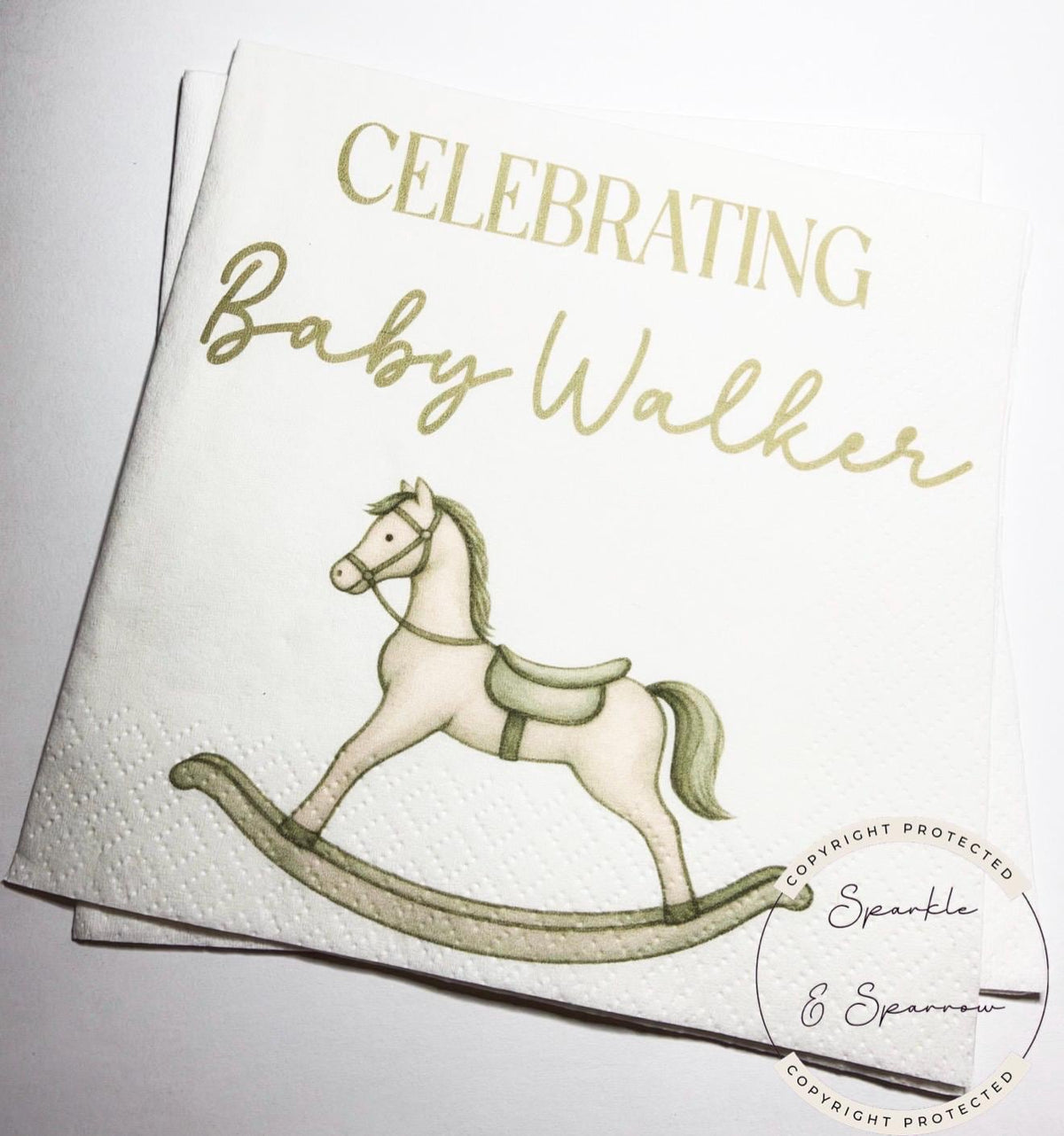 Rocking Horse Baby Shower Neutral Green Baby Shower Vintage Baby Shower Green Personalized Cocktail, Luncheon or Dinner Napkins Set of 25