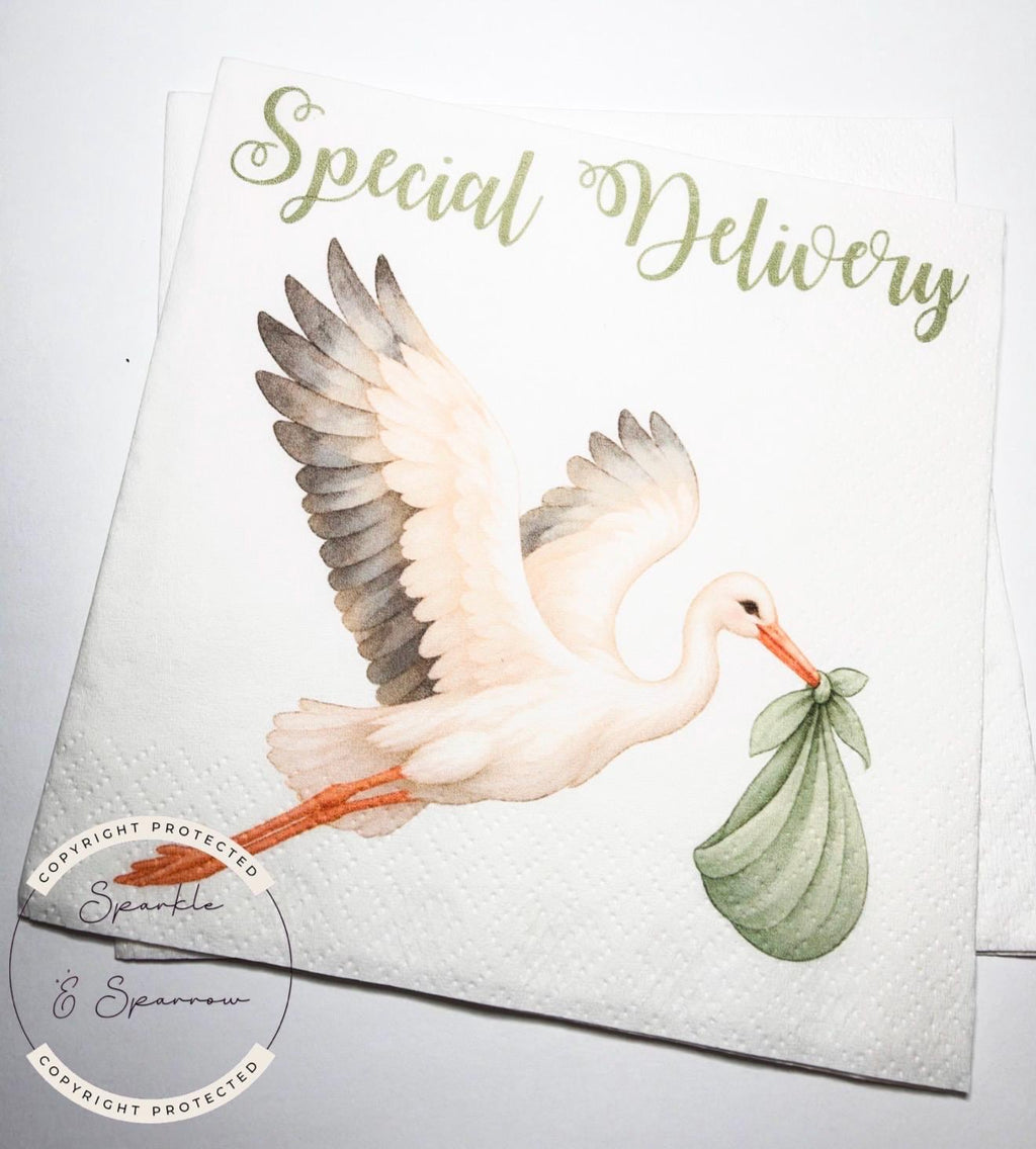 Stork Baby Shower Special Delivery Gender Neutral Green Shower Watercolor Stork Sage Green Shower Cocktail Napkins, Set of 25