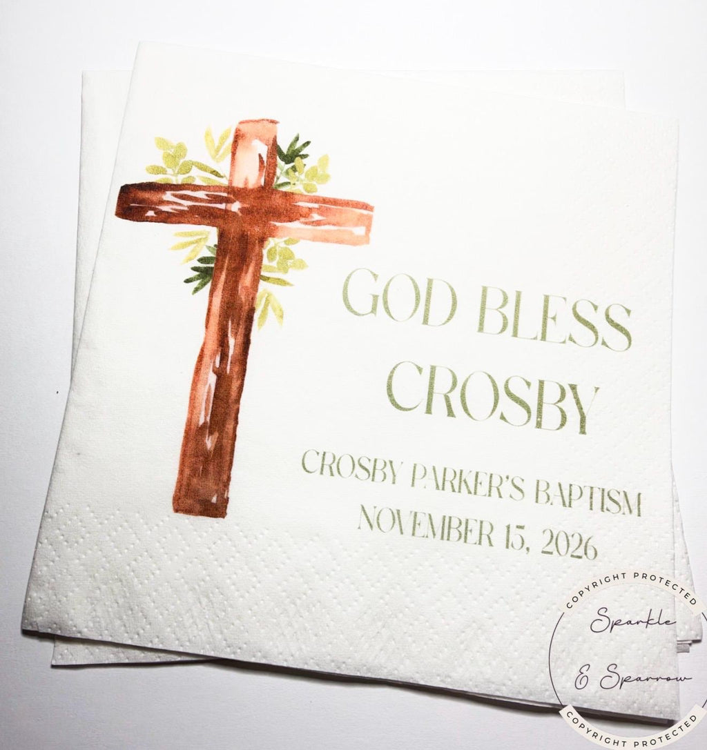 Baptism Napkins Christening Napkins God Bless Dedication Green Neutral Baptism Personalized Cocktail, Luncheon or Dinner Napkins Set of 25