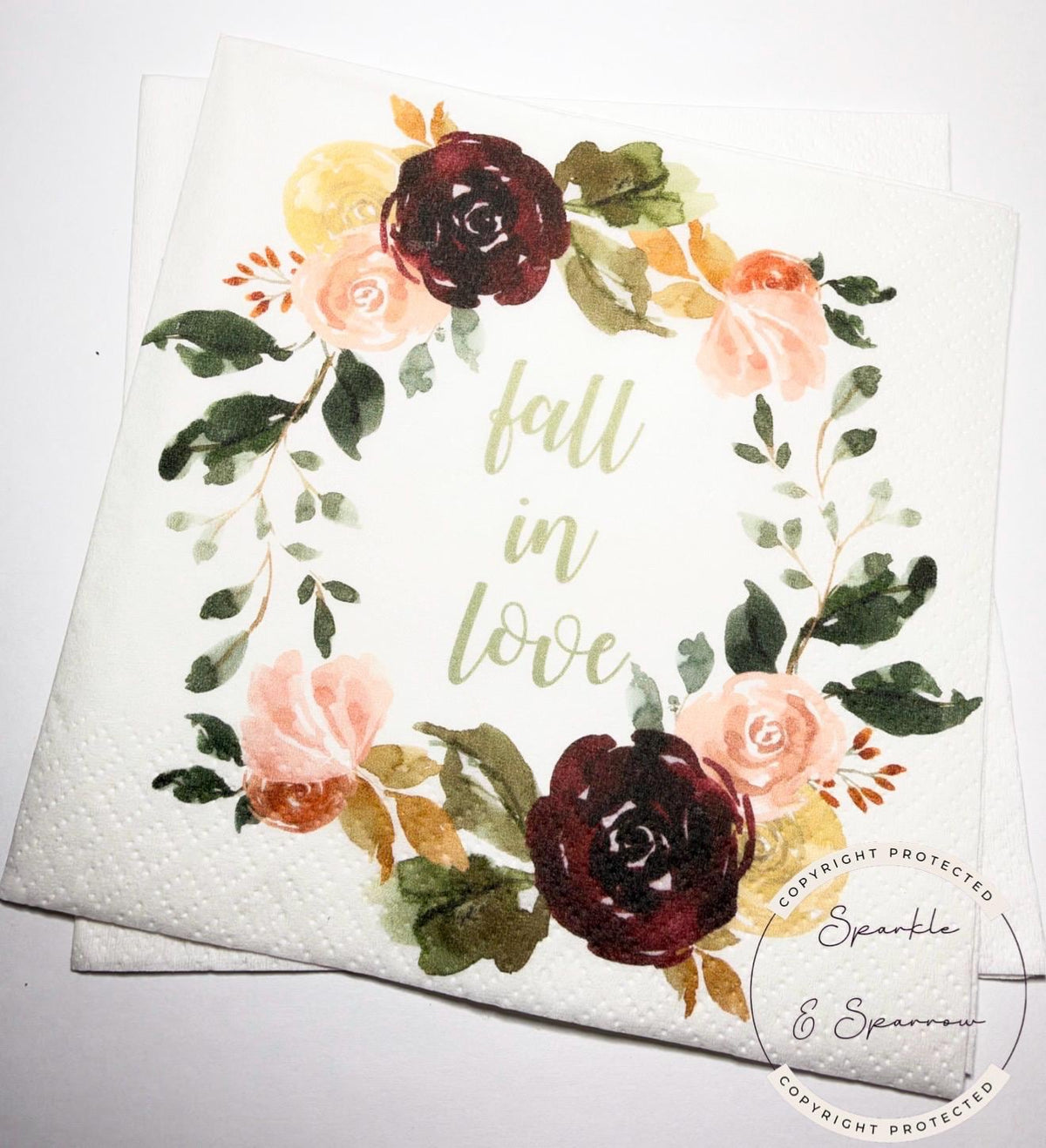 Fall in Love Fall Bridal Shower Fall Wedding Autumn Fall in Love Baby Shower Fall Floral Cocktail, Luncheon or Dinner Napkins Set of 25