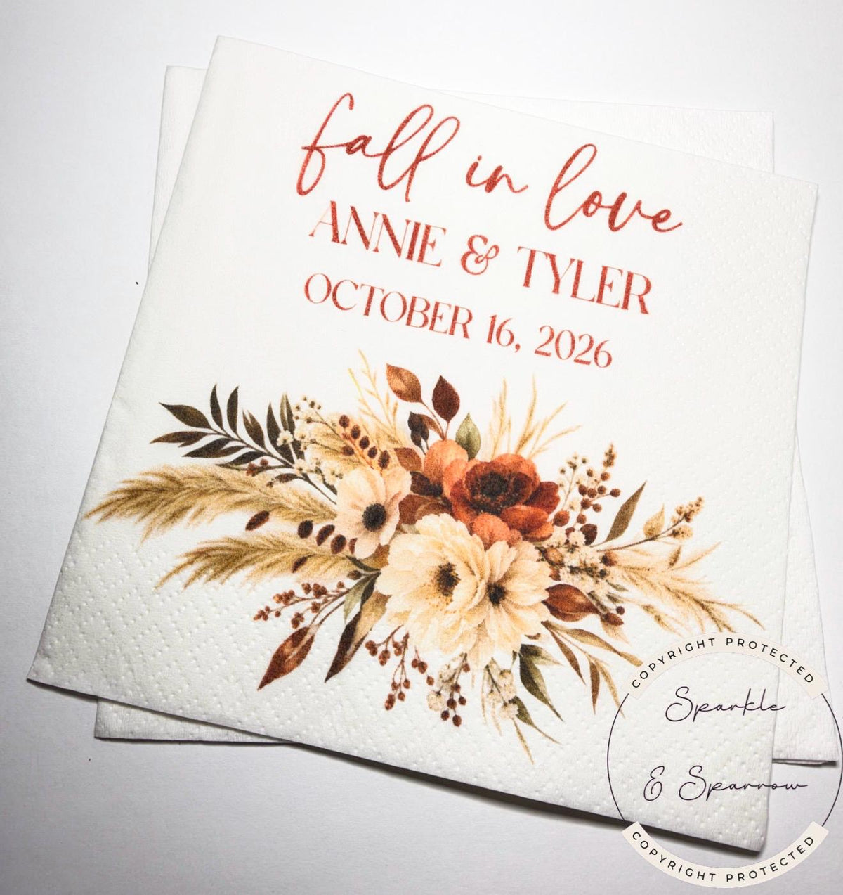 Fall in Love Fall Bridal Shower Fall Wedding Autumn Floral Neutral Fall Bridal Personalized Cocktail, Luncheon or Dinner Napkins Set of 25