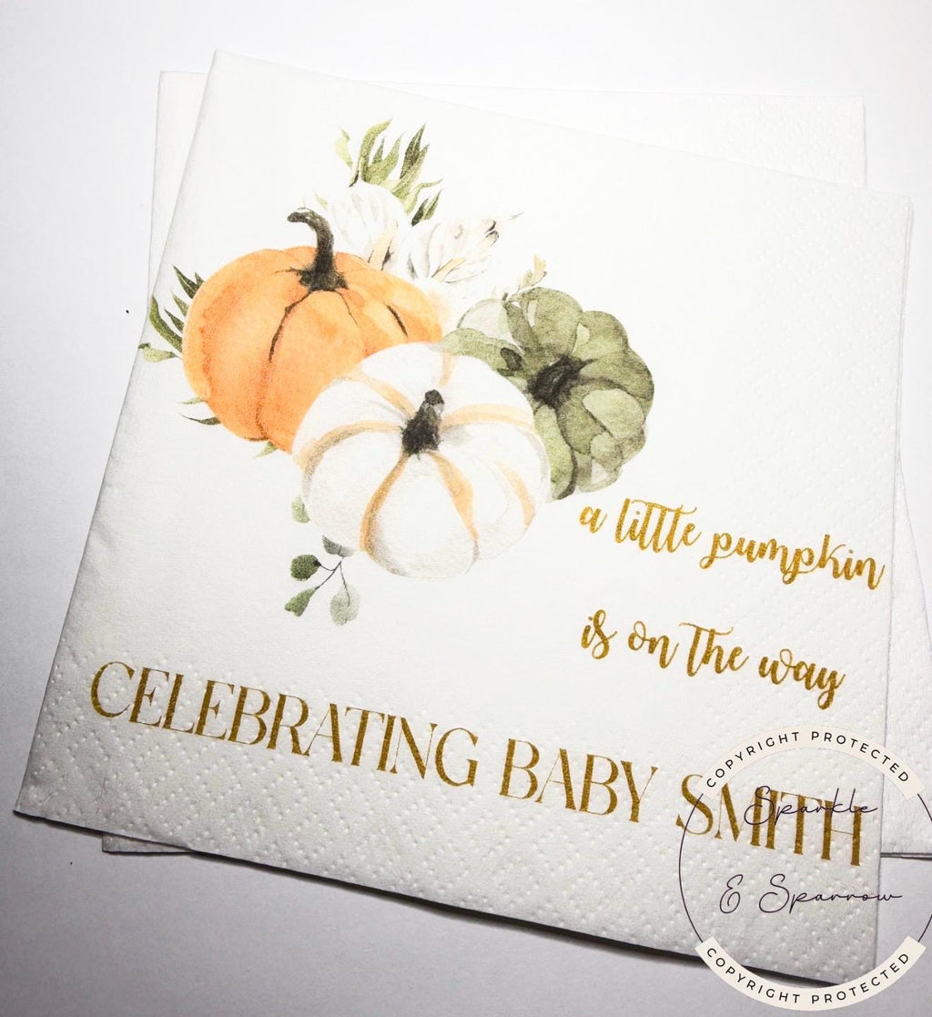 A Little Pumpkin is on the Way Fall Baby Shower Pumpkin Autumn Baby Shower Gender Neutral Fall Baby Shower Personalized Napkins, Set of 25