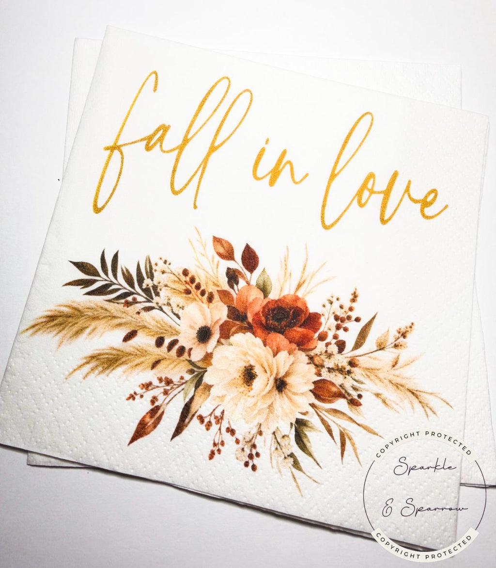 Fall in Love Fall Bridal Shower Fall Wedding Autumn Fall in Love Baby Shower Fall Floral Cocktail, Luncheon or Dinner Napkins Set of 25