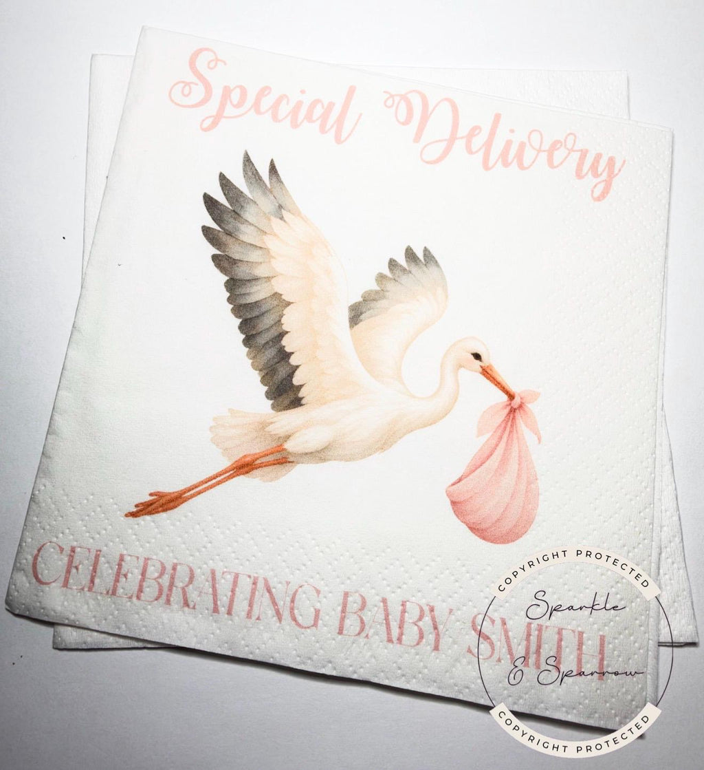 Stork Baby Shower Special Delivery Girl Baby Shower Watercolor Stork Pink Girl Baby Shower Personalized Cocktail Napkins, Set of 25