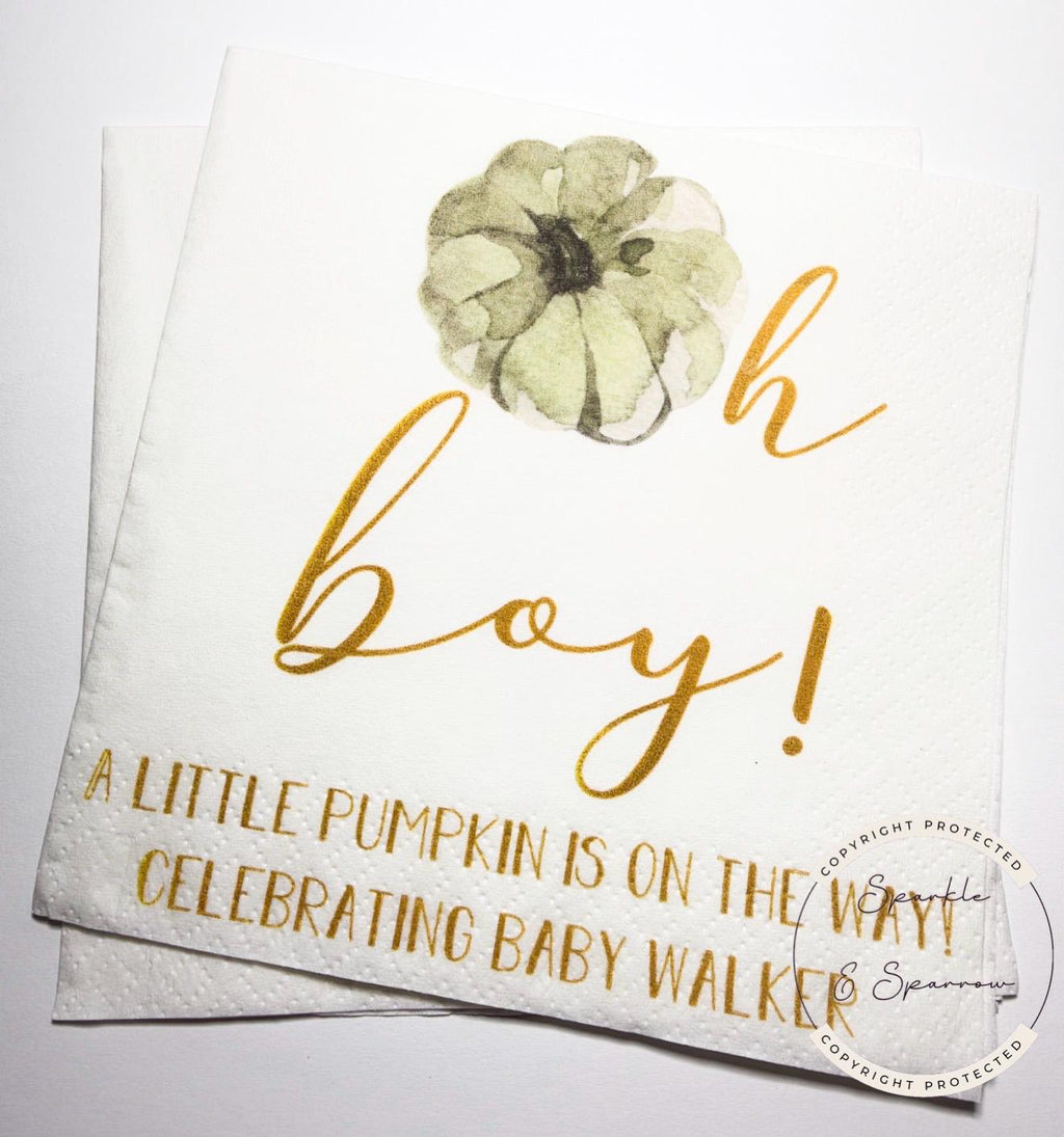 Oh Boy Pumpkin Napkins Fall Baby Shower Napkins Boy Neutral Sage Green Pumpkin Baby Shower Fall Baby Shower Personalized Napkins, Set of 25