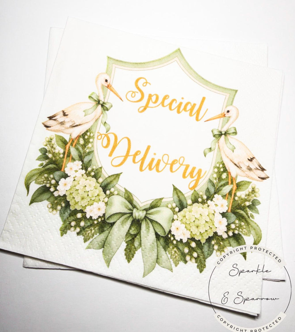 Stork Baby Shower Special Delivery Gender Neutral Green Shower Watercolor Stork Sage Green Shower Cocktail Napkins, Set of 25