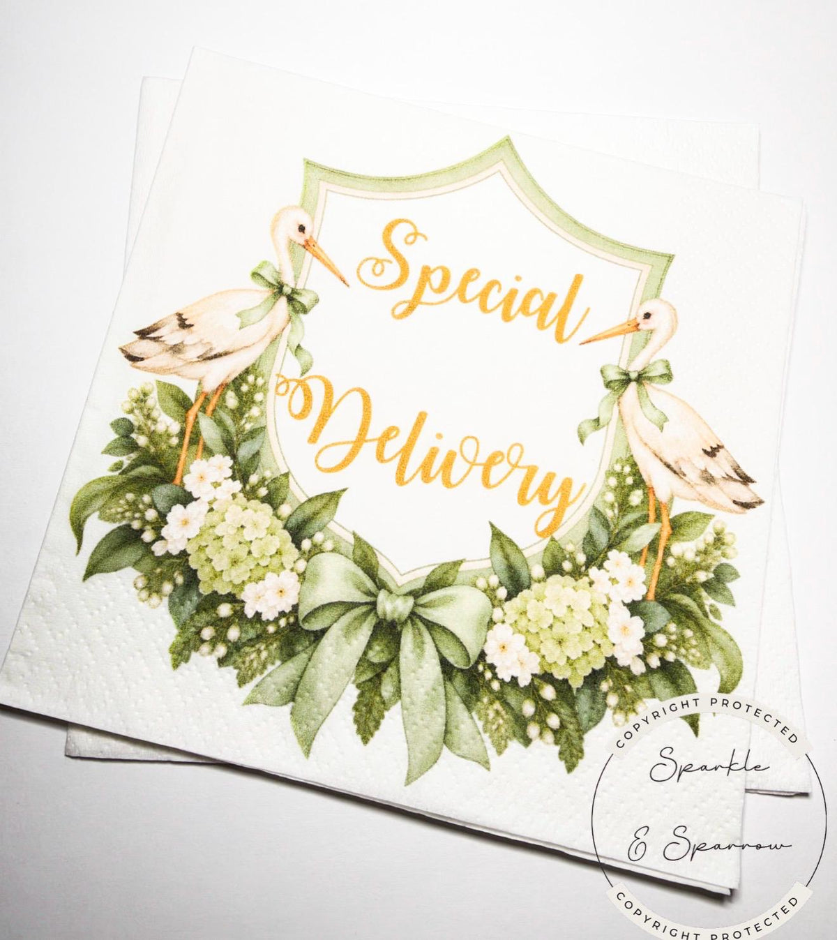 Stork Baby Shower Special Delivery Gender Neutral Green Shower Watercolor Stork Sage Green Shower Cocktail Napkins, Set of 25