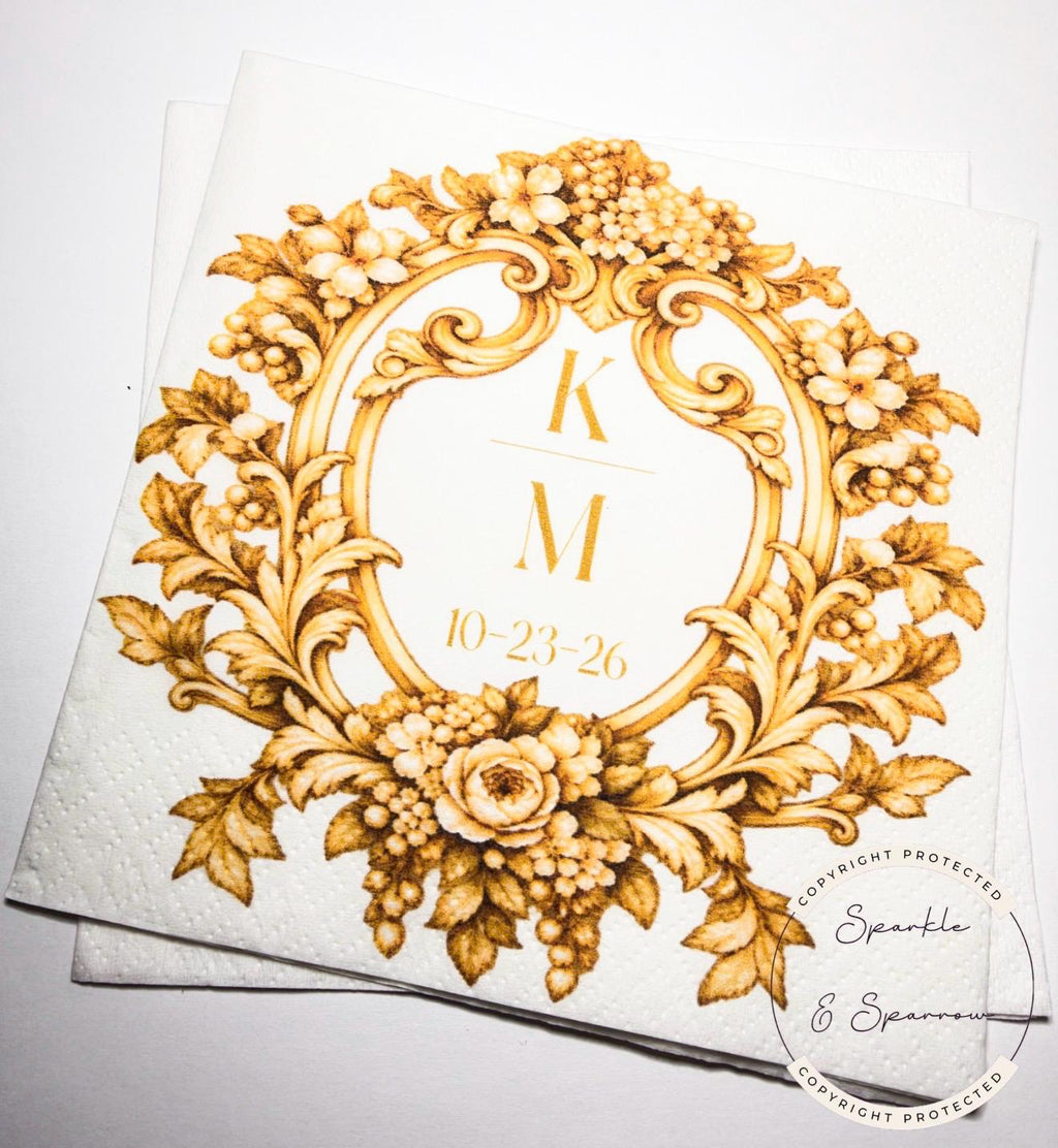 Personalized Wedding Napkins Fall Gold Baroque Wedding Napkins Custom Gold Bridal Shower Wedding Personalized Napkins, Set of 25