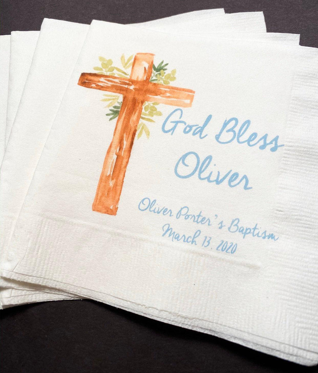 Baptism Napkins Christening God Bless Celebration Party Personalized Cocktail, Luncheon or Dinner Napkins Set of 25