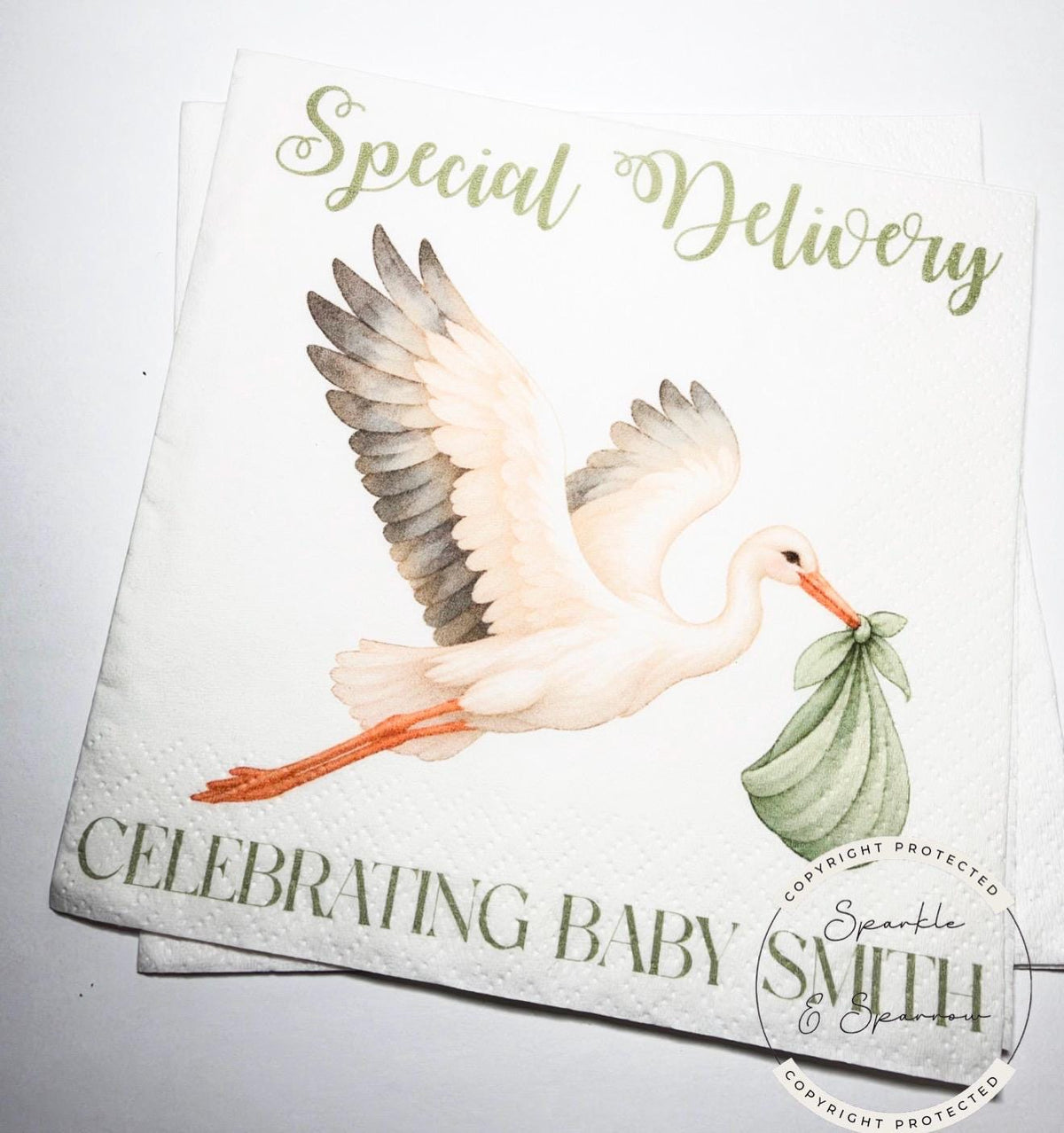 Stork Baby Shower Special Delivery Gender Neutral Green Shower Watercolor Stork Sage Green Shower Personalized Cocktail Napkins, Set of 25