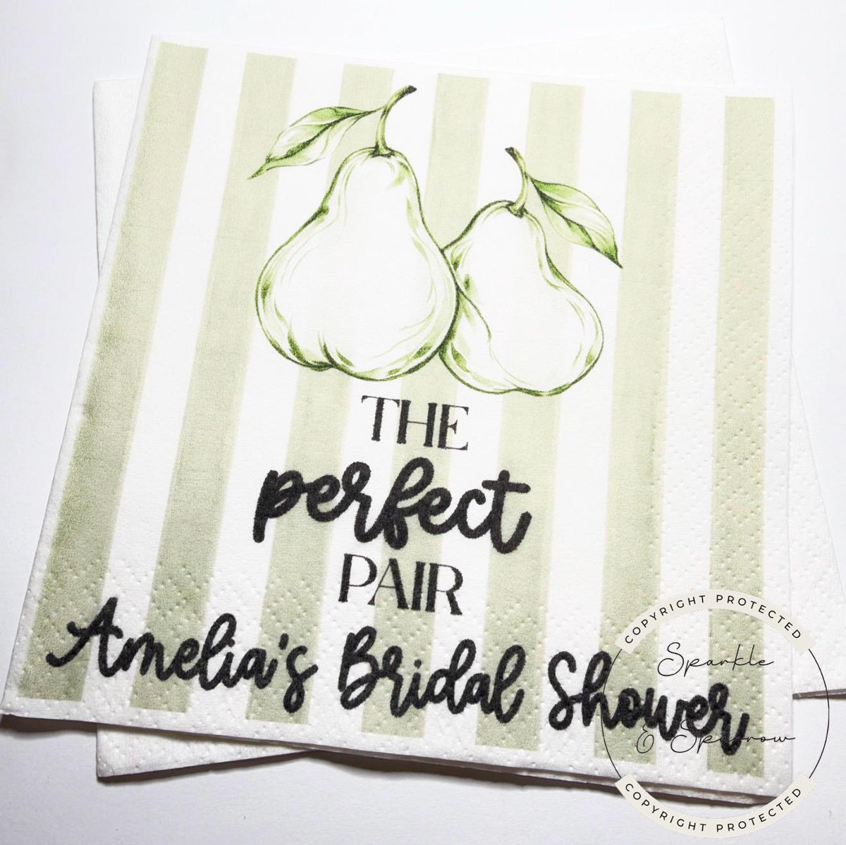 The Perfect Pair Bridal Shower Pear Bridal Shower Perfect Pear Couples Shower Personalized Cocktail, Luncheon or Dinner Napkins Set of 25