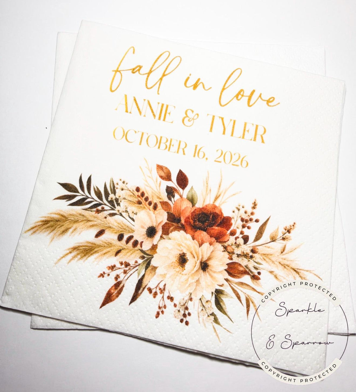Fall in Love Fall Bridal Shower Fall Wedding Autumn Floral Neutral Fall Bridal Personalized Cocktail, Luncheon or Dinner Napkins Set of 25