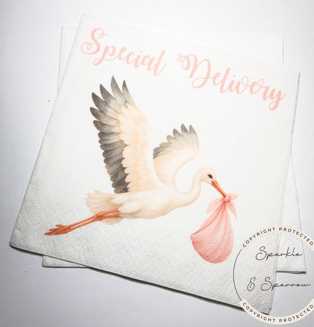 Stork Baby Shower Special Delivery Girl Baby Shower Watercolor Stork Pink Girl Baby Shower Cocktail Napkins, Set of 25