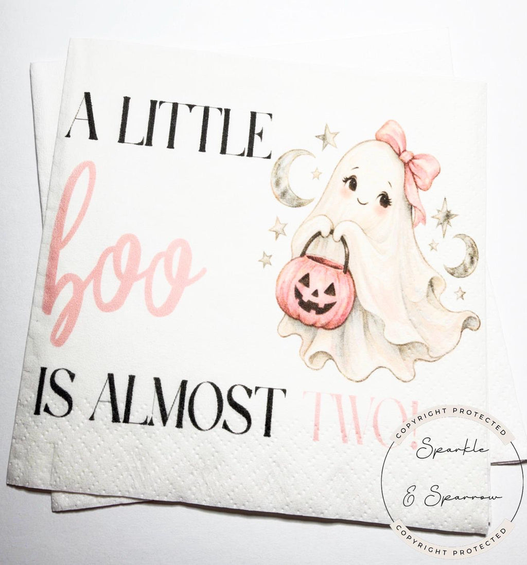 A Little Boo is Two Halloween Birthday Ghost Party 2nd Birthday Spooktacular Girl Ghost Cocktail, Luncheon or Dinner Napkins Set of 25