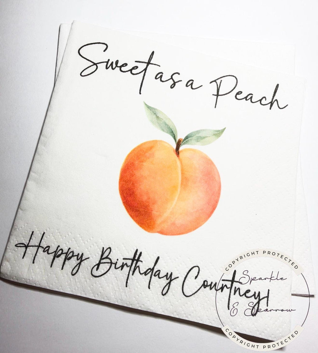 Peach Birthday Napkins Sweet as a Peach First Birthday Spring Summer Shower Personalized Cocktail, Luncheon or Dinner Napkins Set of 25