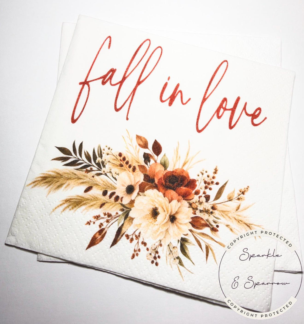 Fall in Love Fall Bridal Shower Fall Wedding Autumn Fall in Love Baby Shower Fall Floral Cocktail, Luncheon or Dinner Napkins Set of 25