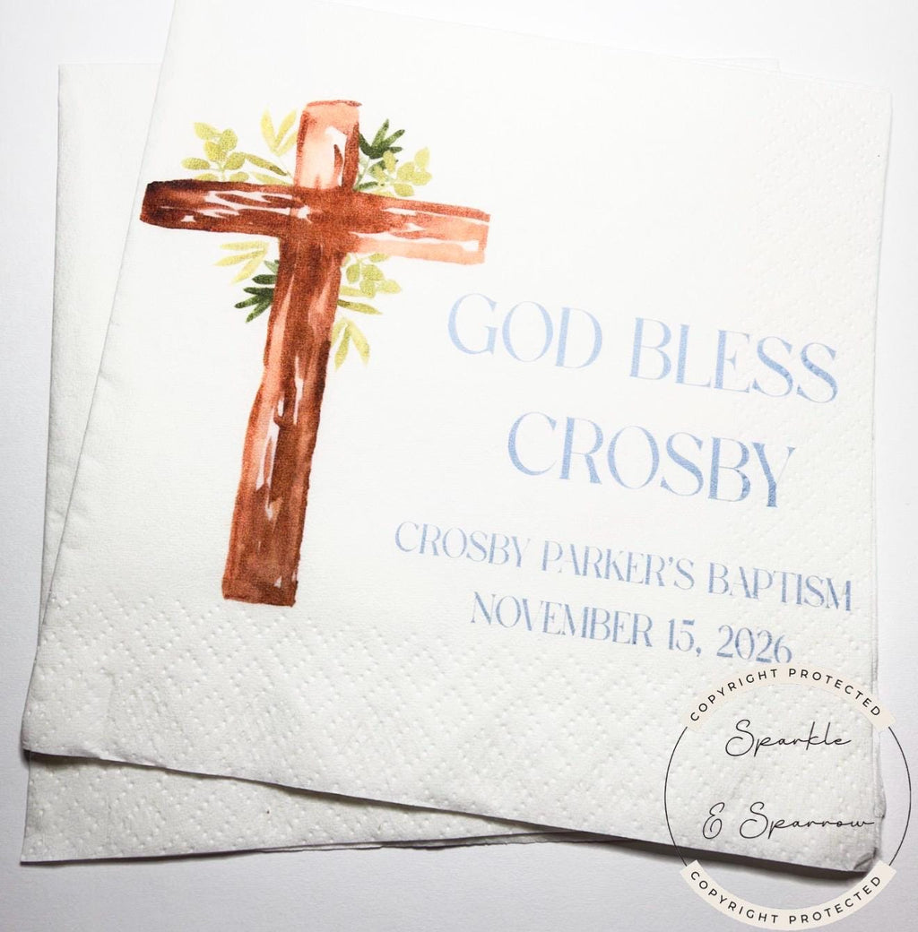 Baptism Napkins Christening Napkins God Bless Dedication Celebration Boy Baptism Personalized Cocktail, Luncheon or Dinner Napkins Set of 25