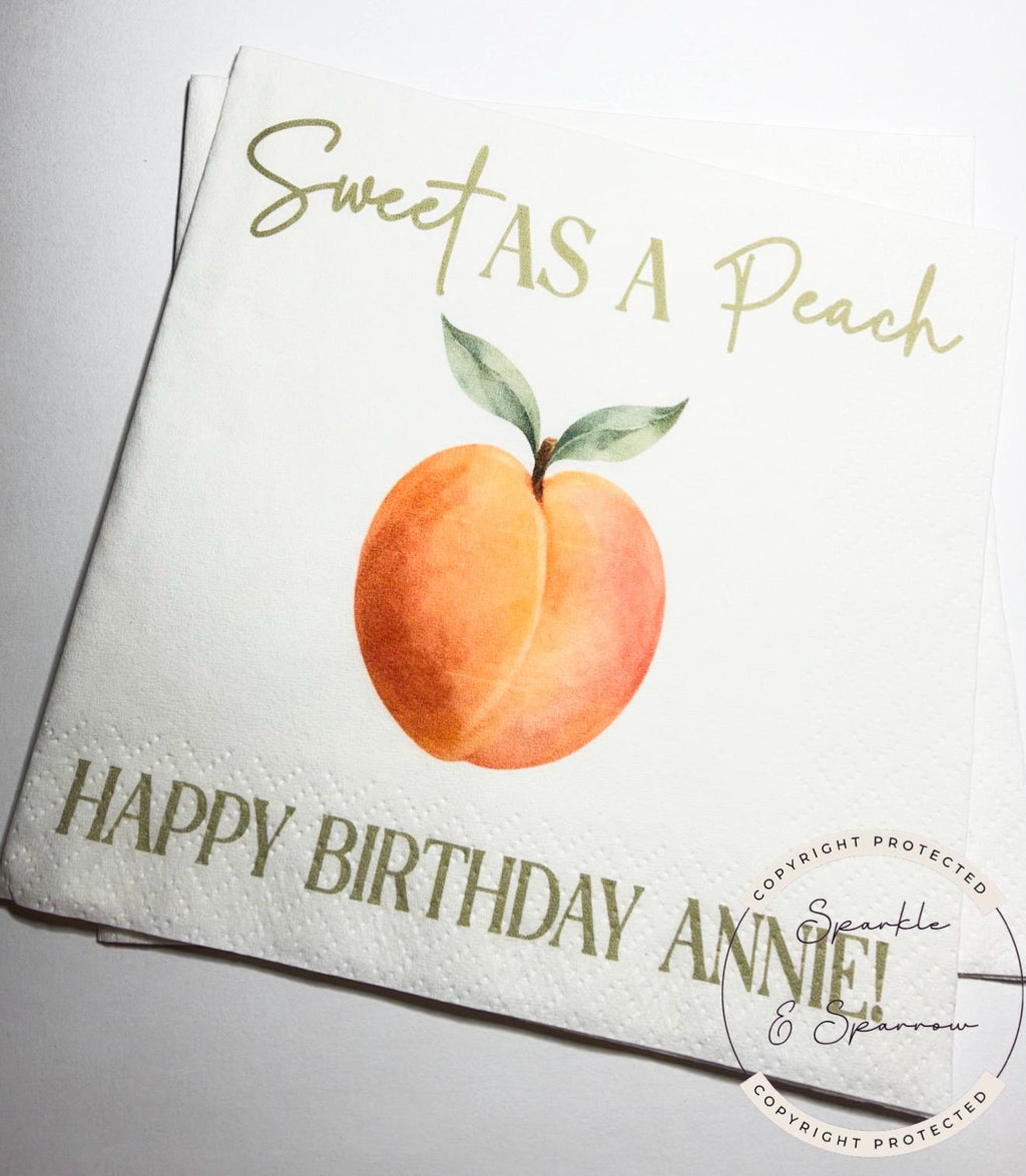 Peach Birthday Napkins Sweet as a Peach First Birthday Spring Summer Shower Personalized Cocktail, Luncheon or Dinner Napkins Set of 25