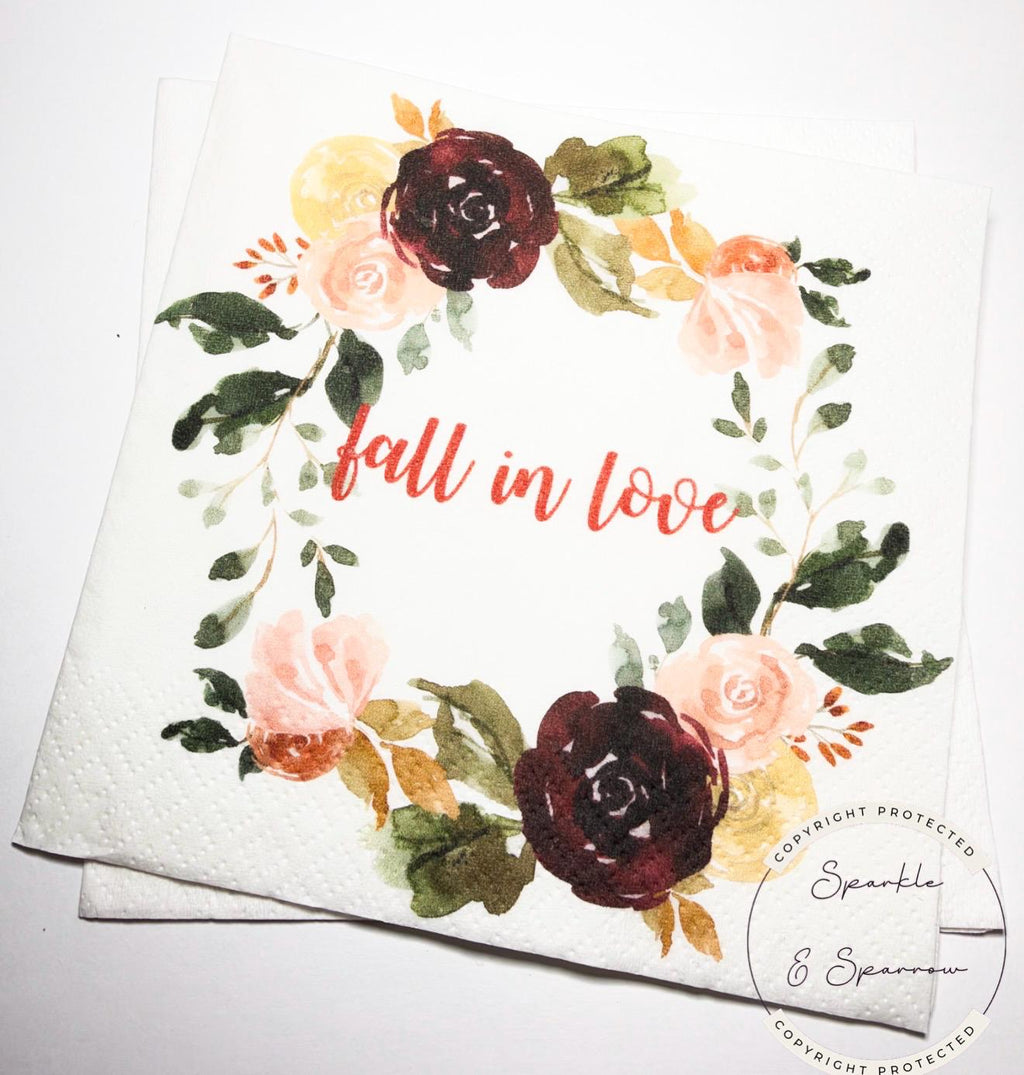 Fall in Love Fall Bridal Shower Fall Wedding Autumn Fall in Love Baby Shower Fall Floral Cocktail, Luncheon or Dinner Napkins Set of 25