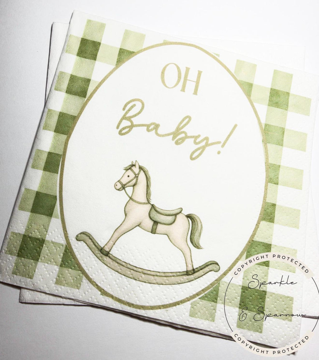 Rocking Horse Baby Shower Neutral Green Baby Shower Vintage Baby Shower Green Cocktail, Luncheon or Dinner Napkins Set of 25
