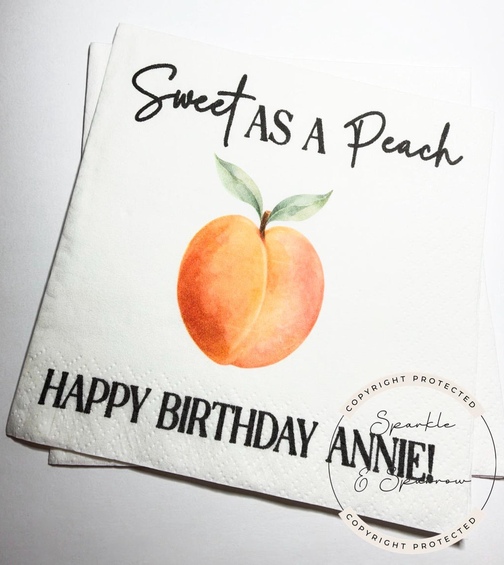 Peach Birthday Napkins Sweet as a Peach First Birthday Spring Summer Shower Personalized Cocktail, Luncheon or Dinner Napkins Set of 25