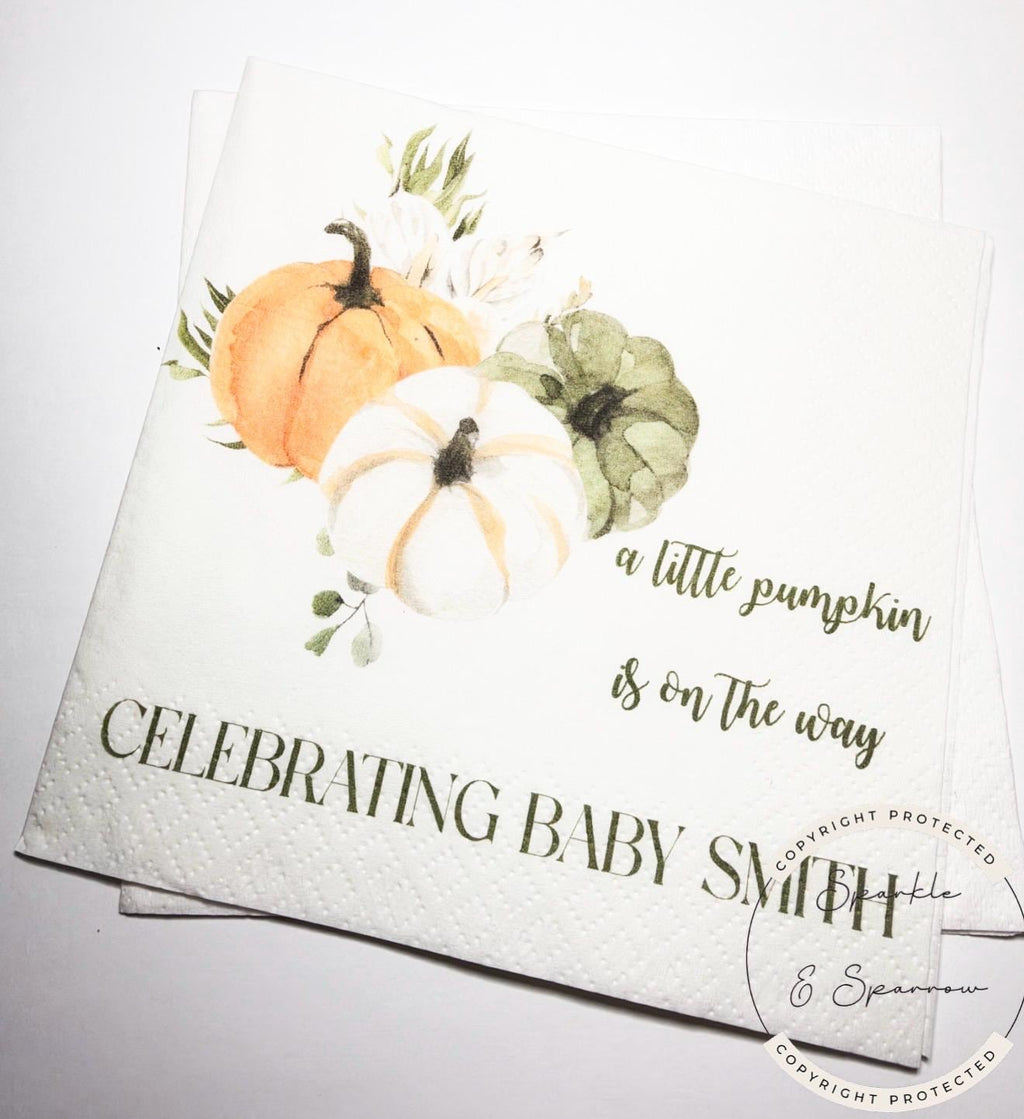 A Little Pumpkin is on the Way Fall Baby Shower Pumpkin Autumn Baby Shower Gender Neutral Fall Baby Shower Personalized Napkins, Set of 25