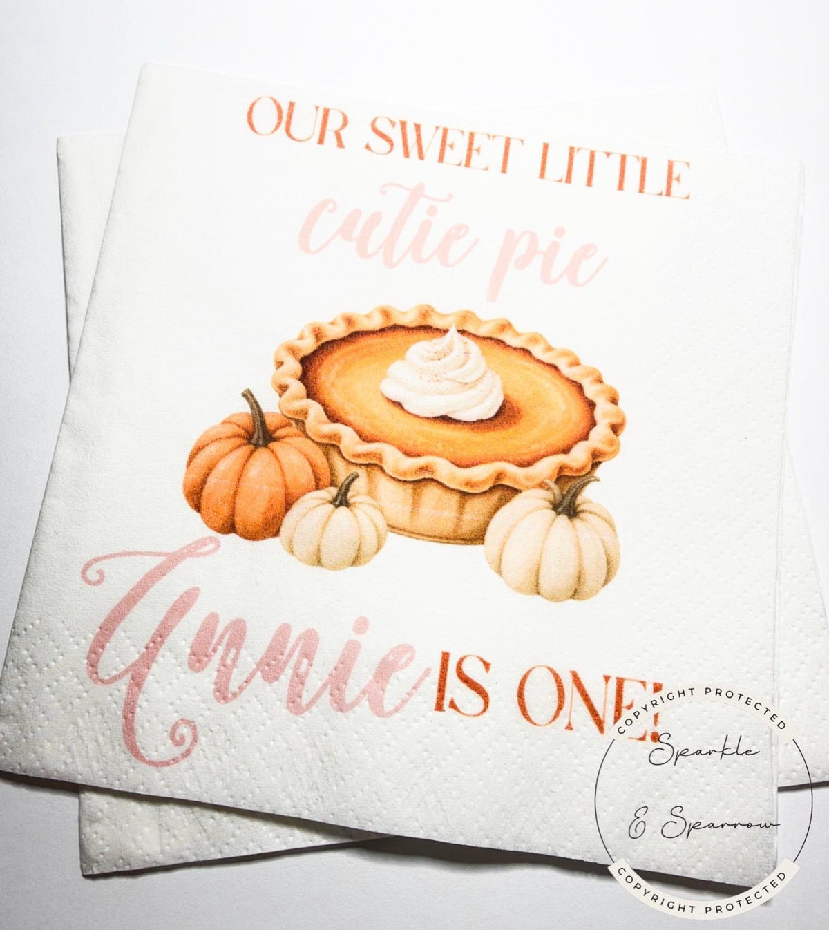 Sweet Little Cutie Pie Birthday Napkins Pumpkin Pie First Birthday Fall 1st Birthday Party Autumn Pumpkin Personalized Napkins, Set of 25
