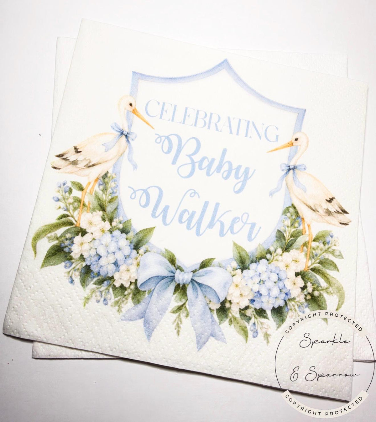 Stork Baby Shower Special Delivery Boy Baby Shower Watercolor Stork Blue BoyBaby Shower Personalized Cocktail Napkins, Set of 25