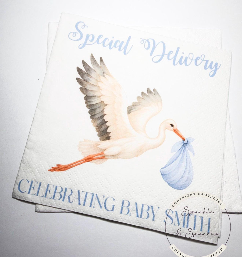Stork Baby Shower Special Delivery Boy Baby Shower Watercolor Stork Blue BoyBaby Shower Personalized Cocktail Napkins, Set of 25