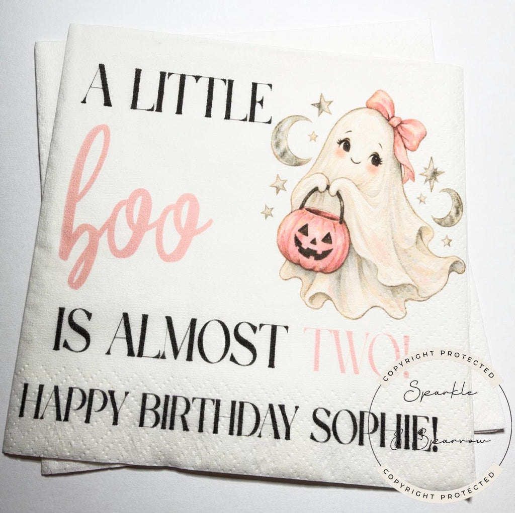 A Little Boo is Two Halloween Birthday Ghost Party 2nd Birthday Spooktacular Personalized Cocktail, Luncheon or Dinner Napkins Set of 25